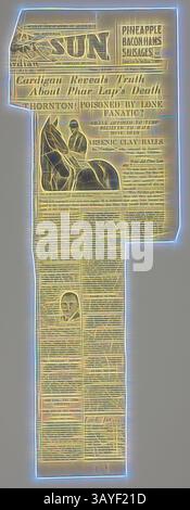 A collage featuring a vintage newspaper layout, prominently displaying the word "SUN" in bold letters. The background showcases various articles and advertisements, with a stylized outline that enhances the text and images, creating a dynamic and artistic effect., Newspaper Cutting - The Sun, Cardigan Reveals Truth about Phar Lap's Death, 22 May 1932, This newspaper cutting, from the Sunday Sun newspaper, contains the first part of an article about Phar Lap's death, particularly a theory about it by horse racing journalist `Cardigan'. It is part of a group collected by the donor's father Stock Photo